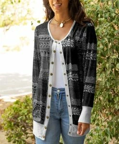 Lily | Gray & White Geometric Stripe Snap-Button Cardigan - Plus