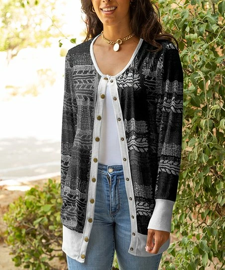 Lily | Gray & White Geometric Stripe Snap-Button Cardigan - Plus 1 Lily | Gray & White Geometric Stripe Snap-Button Cardigan - Plus