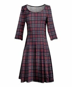 Lily | Purple & Red Plaid Three-Quarter Sleeve A-Line Dress - Women