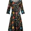 Lily | Black & Red Floral Three-Quarter Sleeve A-Line Dress - Women