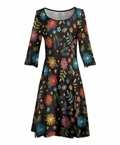 Lily | Black & Red Floral Three-Quarter Sleeve A-Line Dress - Women
