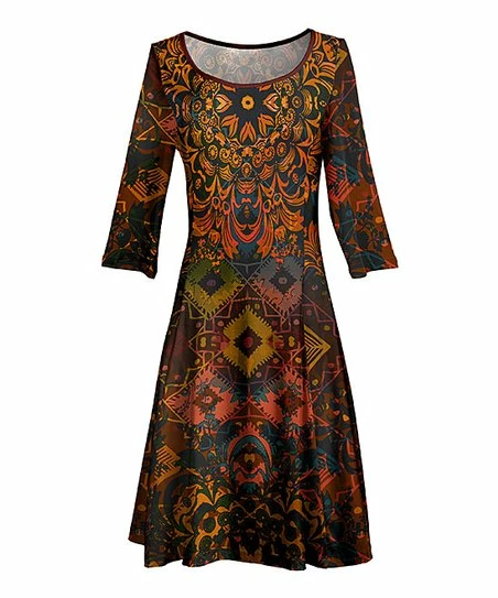 Lily | Brown & Yellow Arabesque Three-Quarter Sleeve A-Line Dress - Women 1 Lily | Brown & Yellow Arabesque Three-Quarter Sleeve A-Line Dress - Women