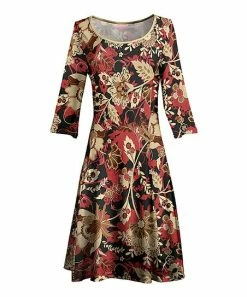 Lily | Beige & Red Floral Three-Quarter Sleeve A-Line Dress - Women & Plus