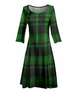 Lily | Black & Green Plaid Three-Quarter Sleeve A-Line Dress - Women & Plus