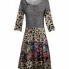 Lily | Gray Leopard Floral Three-Quarter Sleeve A-Line Dress - Women & Plus
