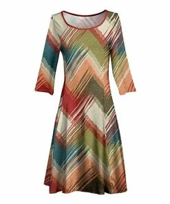 Lily | Orange & Green Chevron Three-Quarter Sleeve A-Line Dress - Women