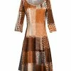 Lily | Orange & Brown Patchwork Three-Quarter Sleeve A-Line Dress - Plus