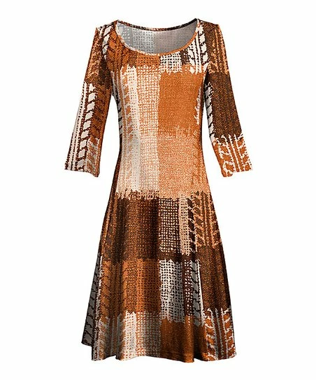 Lily | Orange & Brown Patchwork Three-Quarter Sleeve A-Line Dress - Plus 1 Lily | Orange & Brown Patchwork Three-Quarter Sleeve A-Line Dress - Plus