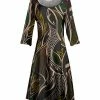 Lily | Black & Green Botanical Three-Quarter Sleeve A-Line Dress - Women