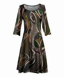 Lily | Black & Green Botanical Three-Quarter Sleeve A-Line Dress - Women