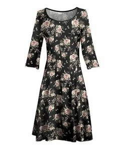Lily | Black & Pink Floral Three-Quarter Sleeve A-Line Dress - Women & Plus