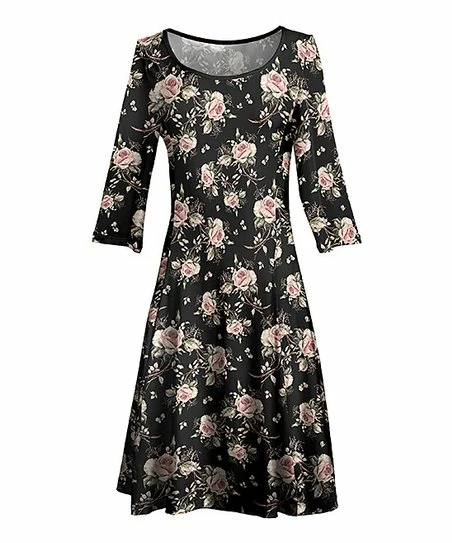 Lily | Black & Pink Floral Three-Quarter Sleeve A-Line Dress - Women & Plus 1 Lily | Black & Pink Floral Three-Quarter Sleeve A-Line Dress - Women & Plus