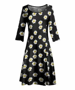 Lily | Black & White Floral Three-Quarter Sleeve A-Line Dress - Women
