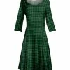 Lily | Green & Black Check Three-Quarter Sleeve A-Line Dress - Women