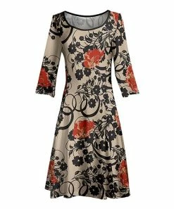 Lily | Black & Cream Floral Three-Quarter Sleeve A-Line Dress - Plus