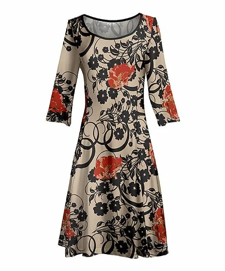 Lily | Black & Cream Floral Three-Quarter Sleeve A-Line Dress - Plus 1 Lily | Black & Cream Floral Three-Quarter Sleeve A-Line Dress - Plus