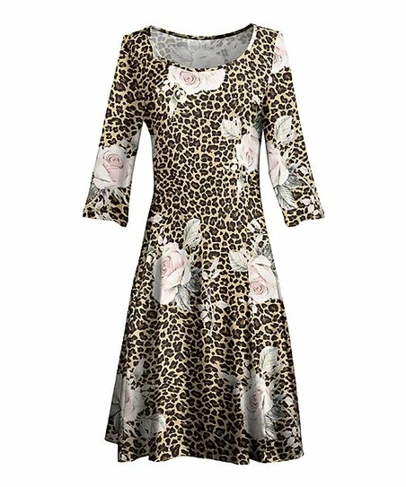 Lily | Brown & Pink Leopard Floral Three-Quarter Sleeve A-Line Dress - Plus 1 Lily | Brown & Pink Leopard Floral Three-Quarter Sleeve A-Line Dress - Plus