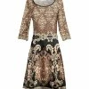 Lily | Beige & Black Arabesque Three-Quarter Sleeve A-Line Dress - Women