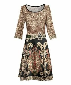 Lily | Beige & Black Arabesque Three-Quarter Sleeve A-Line Dress - Women