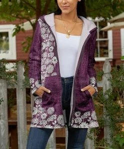 Lily | Purple & Cream Floral Pocket Zip-Up Hoodie - Plus