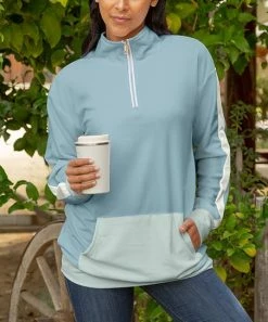 Lily | Blue & White Color Block Pocket Half-Zip Sweater - Plus