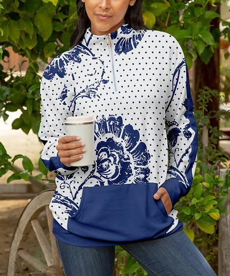 Lily | White & Blue Floral Polka Dot Pocket Half-Zip Sweater - Plus 1 Lily | White & Blue Floral Polka Dot Pocket Half-Zip Sweater - Plus