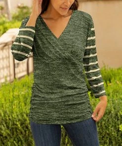 Lily | Green Heather & Beige Stripe Ruched-Side Surplice Top - Women