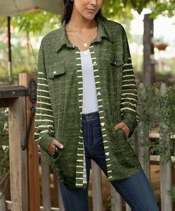 Lily | Green Heather & Cream Stripe Pocket Shacket - Plus