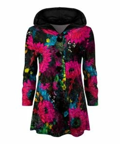 Lily | Black & Pink Floral Velvet Button-Front Hoodie - Women