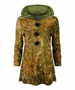 Lily | Green & Gold Floral Velvet Button-Front Hoodie - Women