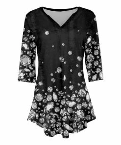 Lily | Black & Silver Diamond Velvet V-Neck Tunic - Plus