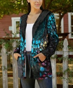 Lily | Black & Blue Leopard Velvet Hooded Open Jacket - Women & Plus