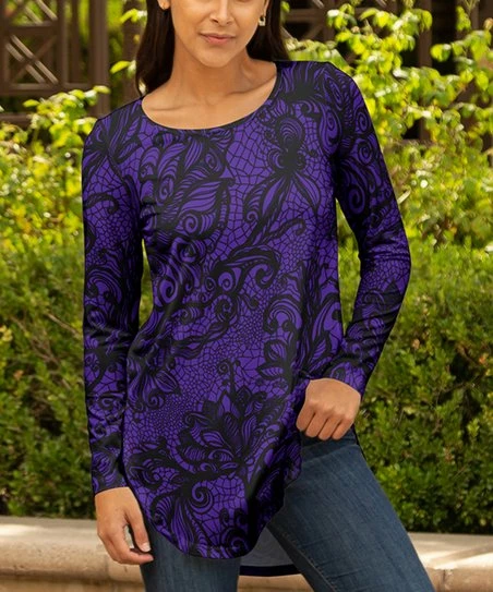 Lily | Purple & Black Floral Boatneck Long-Sleeve Tunic - Women 1 Lily | Purple & Black Floral Boatneck Long-Sleeve Tunic - Women