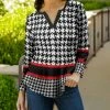 Lily | Red & Black Houndstooth Notch Neck Long-Sleeve Top - Women & Plus