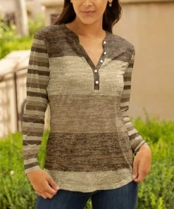 Lily | Beige & Brown Stripe Notch Neck Long-Sleeve Top - Women & Plus