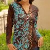 Lily | Brown & Aqua Floral Notch Neck Long-Sleeve Top - Women