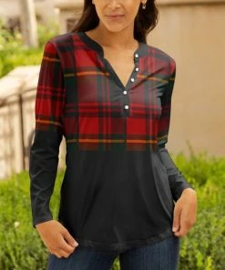 Lily | Black & Red Plaid Notch Neck Long-Sleeve Top - Women