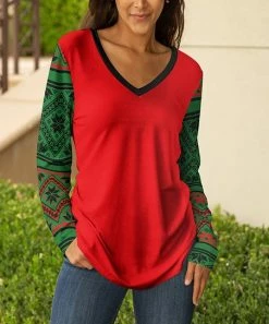 Lily | Red & Green Fair Isle V-Neck Long-Sleeve Tunic - Women