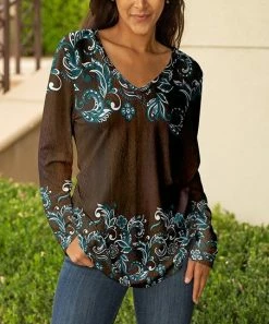 Lily | Brown & Teal Floral V-Neck Long-Sleeve Tunic - Women