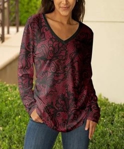 Lily | Black & Red Floral V-Neck Long-Sleeve Tunic - Women & Plus