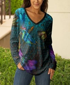 Lily | Black & Blue Dragonfly V-Neck Long-Sleeve Tunic - Women