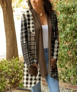 Lily | Brown & Black Plaid Patchwork Pocket Open Cardigan - Women