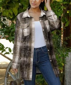 Lily | Gray & Mocha Geometric Pocket Velvet Shacket - Plus