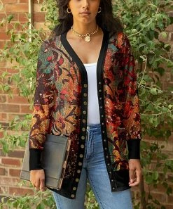 Lily | Rust & Black Abstract Snap-Button Longline Cardigan - Women