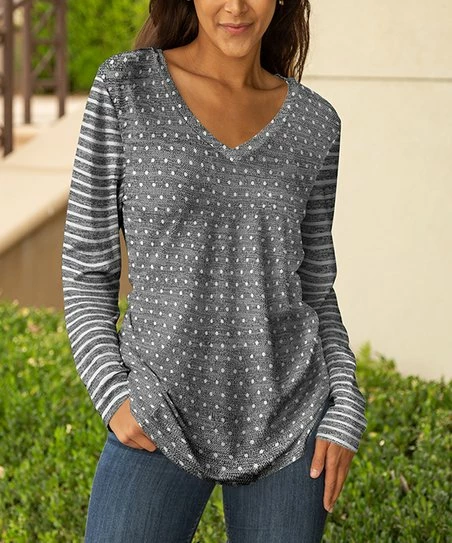Lily | Gray & White Dot V-Neck Long-Sleeve Tunic - Plus 1 Lily | Gray & White Dot V-Neck Long-Sleeve Tunic - Plus