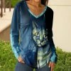 Lily | Navy & Aqua Cat V-Neck Long-Sleeve Tunic - Plus