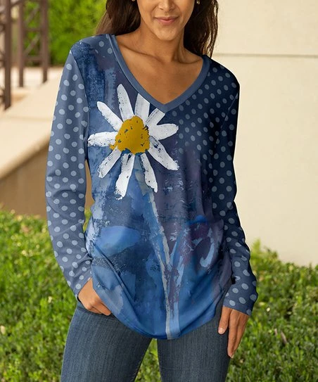 Lily | Blue & White Floral V-Neck Long-Sleeve Tunic - Women & Plus 1 Lily | Blue & White Floral V-Neck Long-Sleeve Tunic - Women & Plus