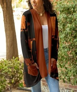 Lily | Black & Rust Abstract Pocket Open Cardigan - Plus