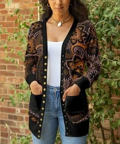 Lily | Black & Brown Paisley Pocket Snap Cardigan - Women