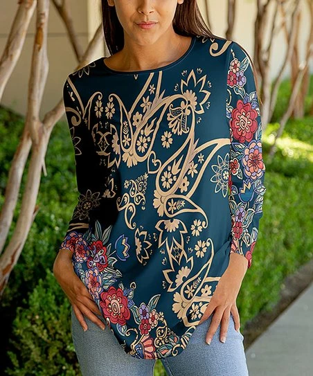 Lily | Navy & Beige Floral Paisley Long-Sleeve Tunic - Women 1 Lily | Navy & Beige Floral Paisley Long-Sleeve Tunic - Women